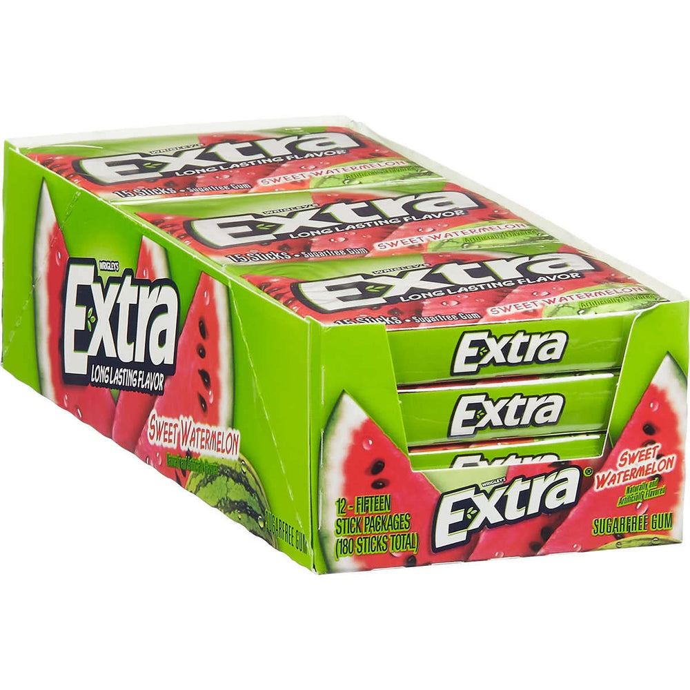 Extra Watermelon Sugarfree Gum pack of 12 on display for quick refreshment