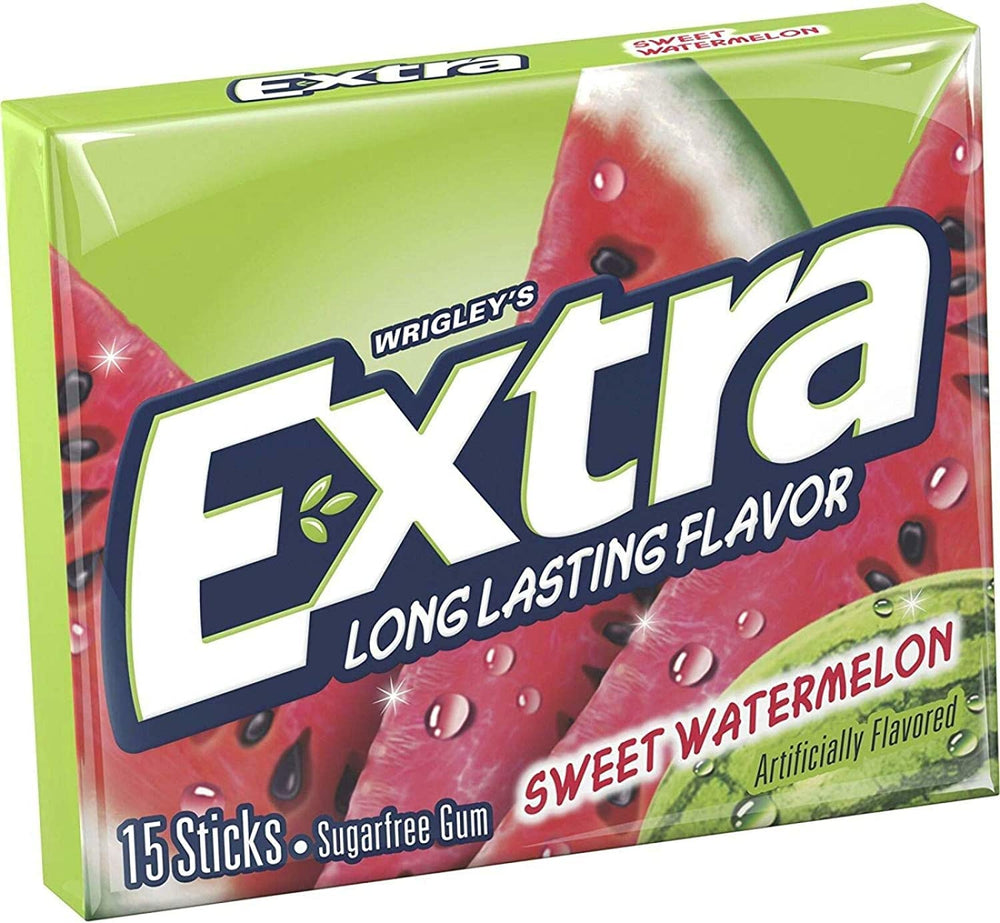 Close-up of Extra Watermelon Sugarfree Gum sticks showing bright flavor