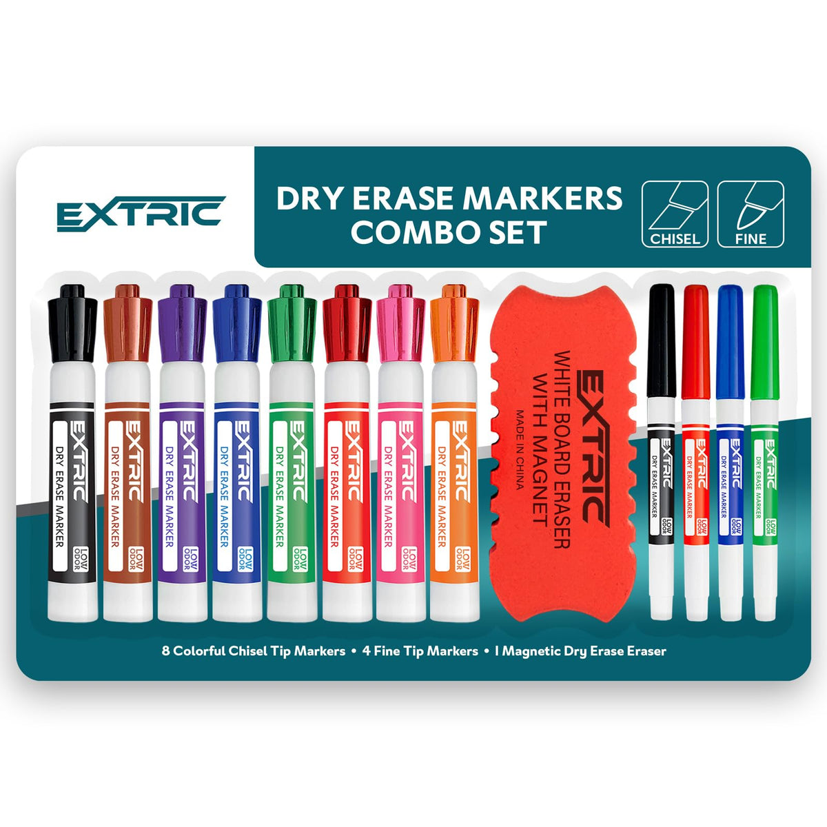 EXTRIC dry erase markers 12-pack with eraser for classroom use and clean writing.