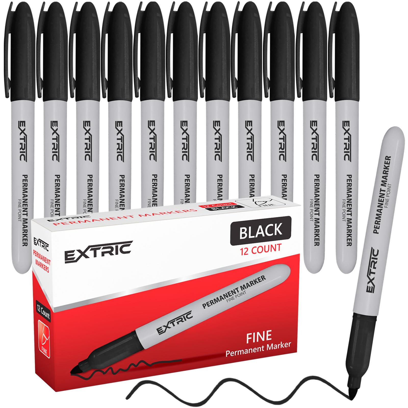 EXTRIC permanent markers black 12-count pack for versatile labeling.