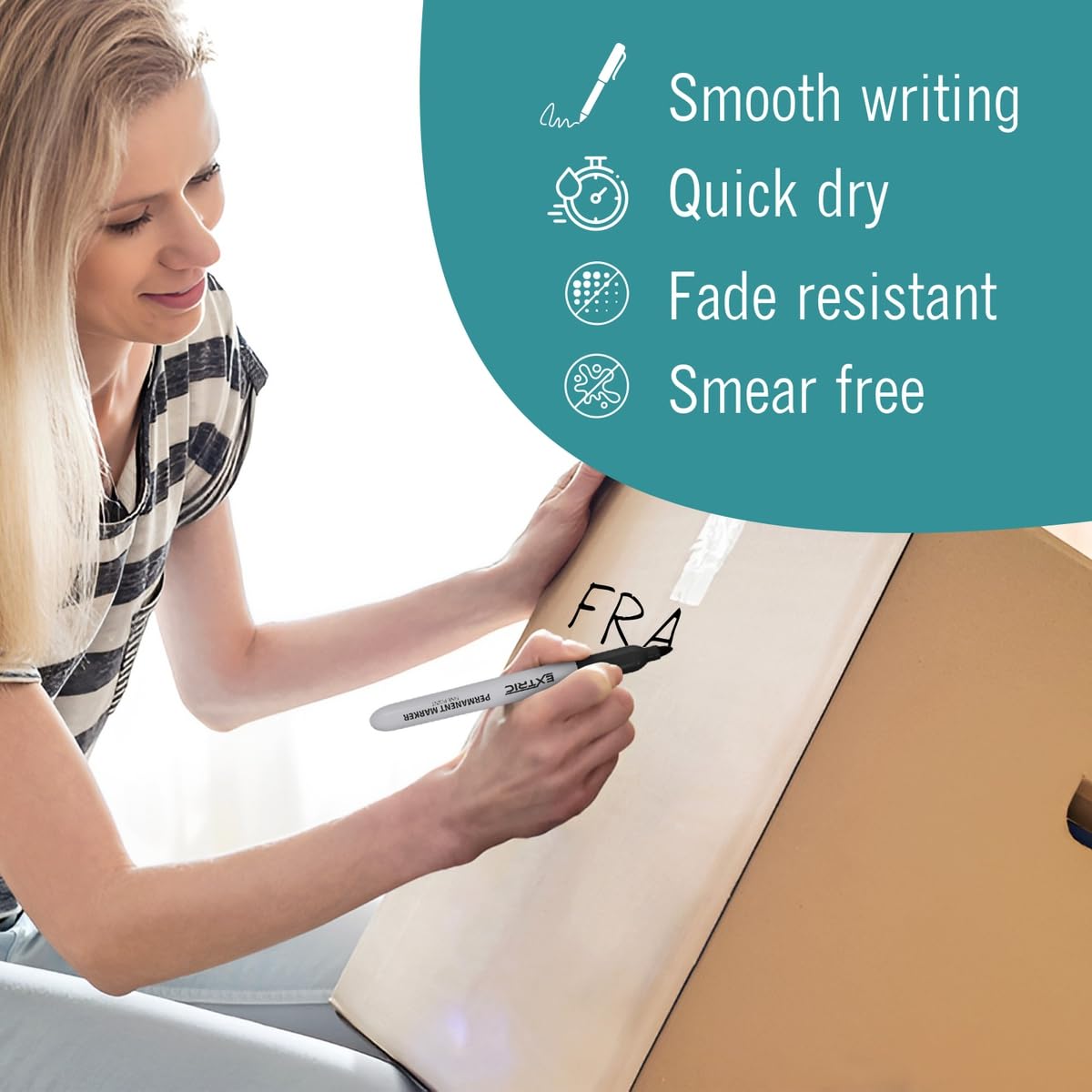 EXTRIC durable, fade-resistant ink on wood, plastic, glass, and metal.