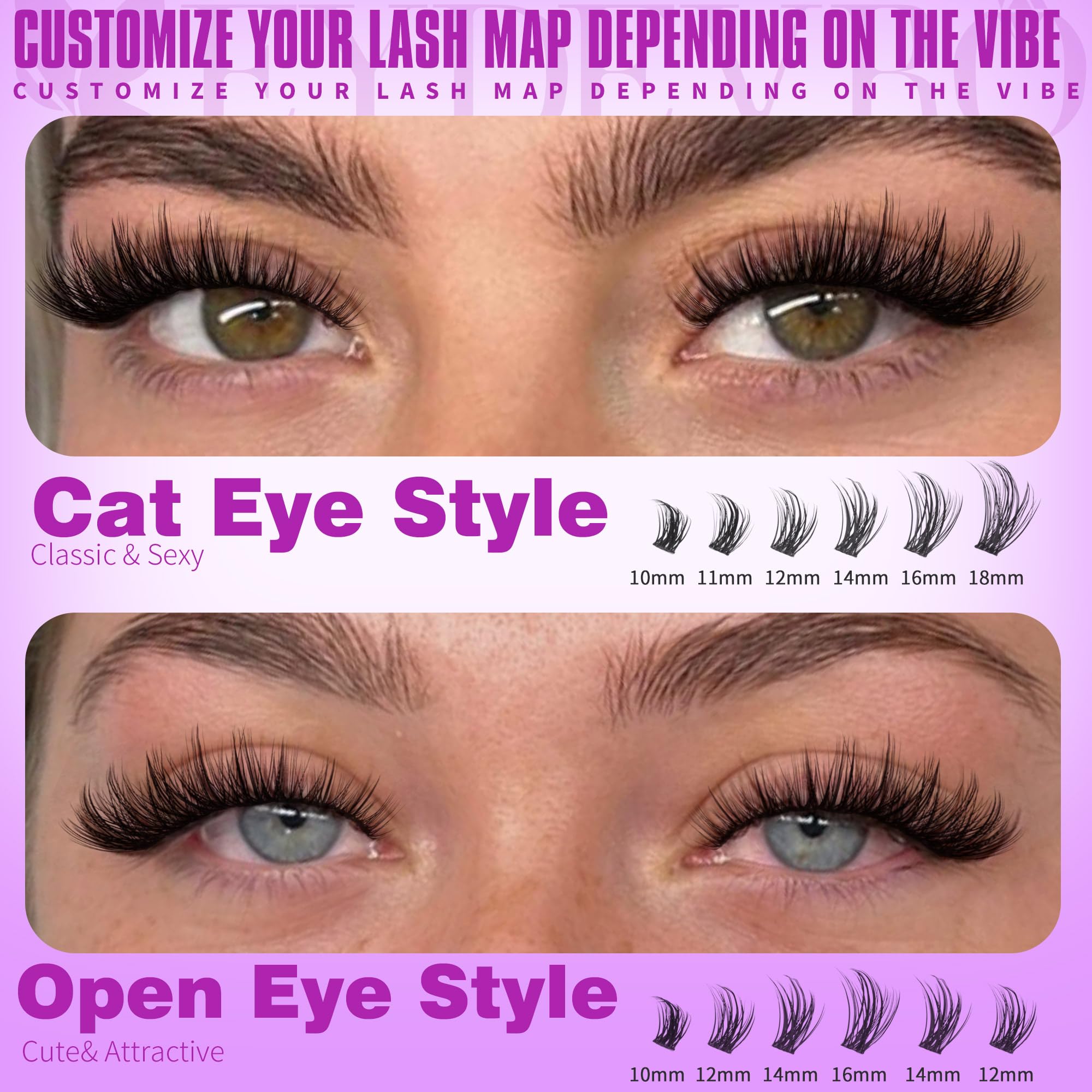 Close-up of mixed 9–18mm lashes for versatile eye shapes