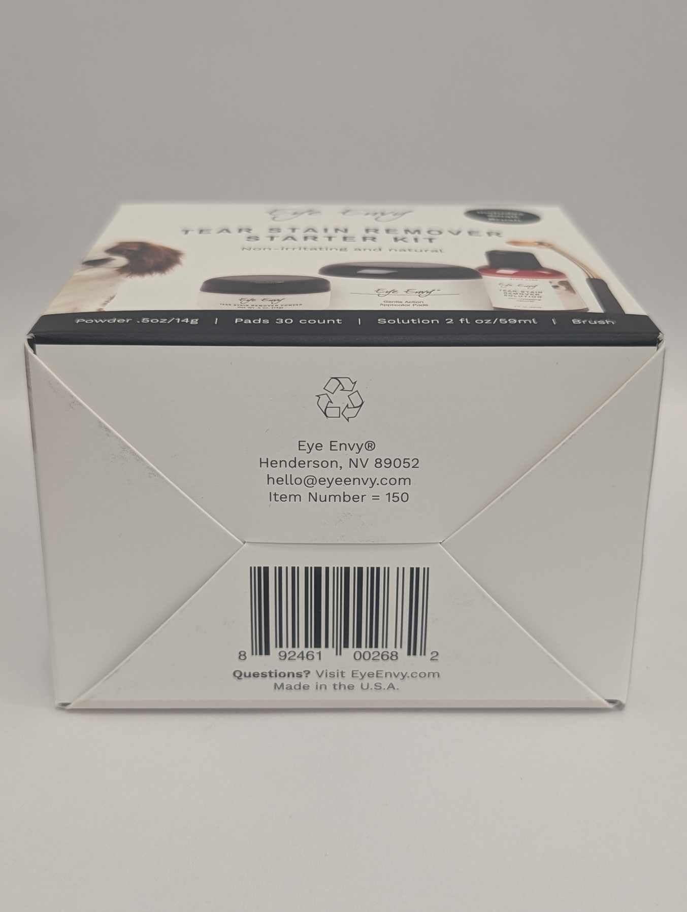Eye Envy dog eye area treatment shows two-step system for stain improvement.