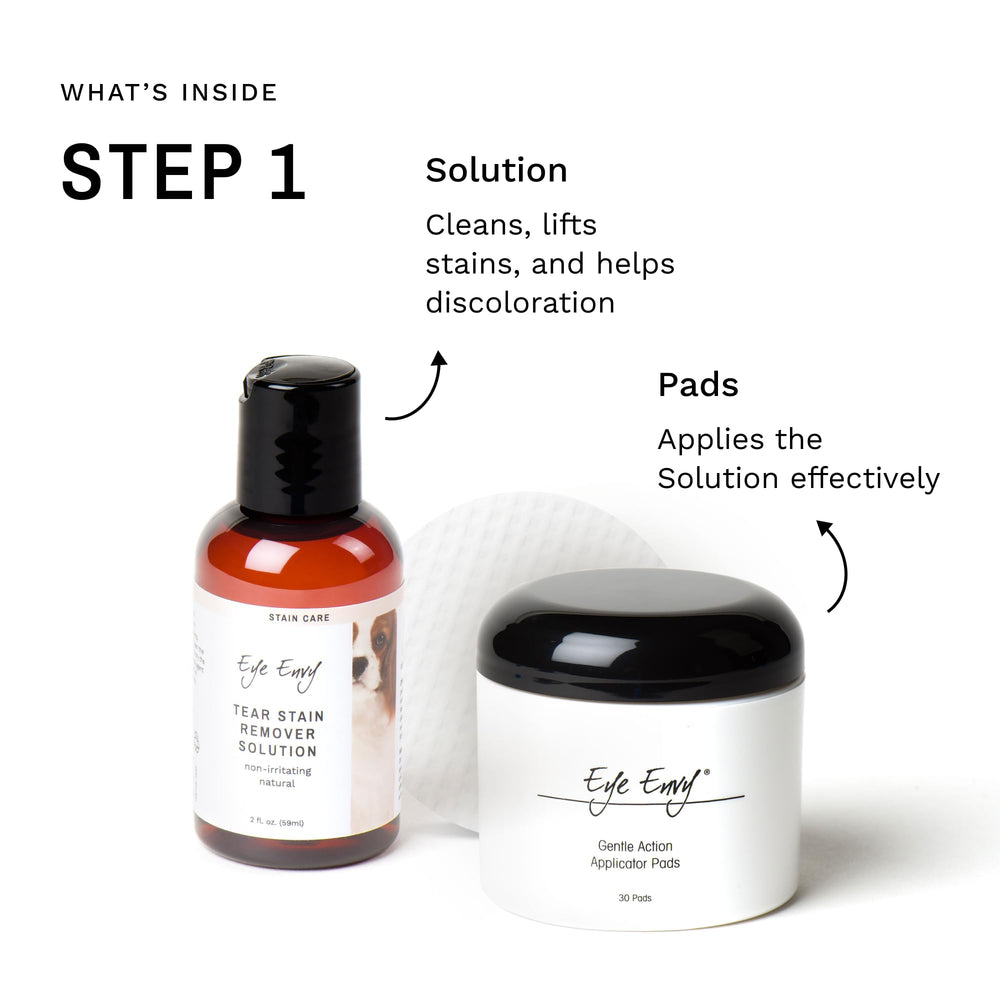 Eye Envy Tear Stain Remover Solution drops for safe daily use near your dog's eyes.