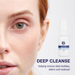 Eye Love Lid and Lash Cleanser label close-up highlights HOCl-based formula.