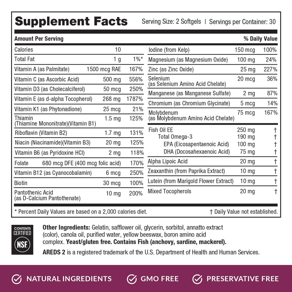 EyePromise Macular Health Complete packaging conveys 60 softgels for a month of nourishing daily eye care.