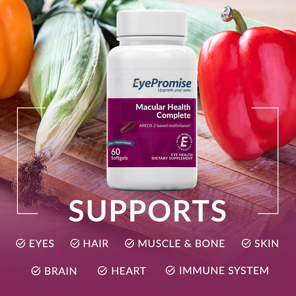 EyePromise Macular Health Complete softgels close-up shows easy take with meals for consistency.