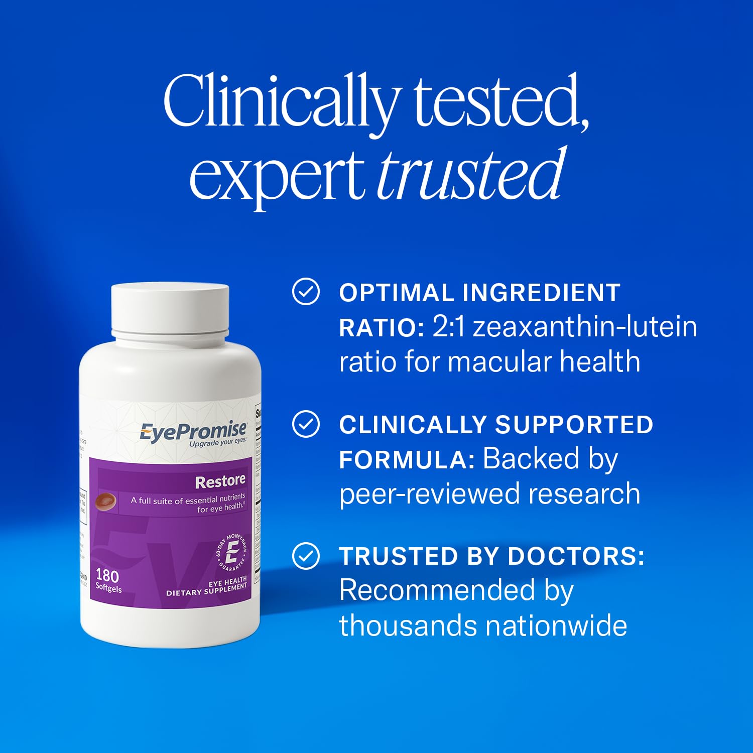 EyePromise Restore capsules and vitamin facts illustrating a 2:1 lutein-zeaxanthin ratio.