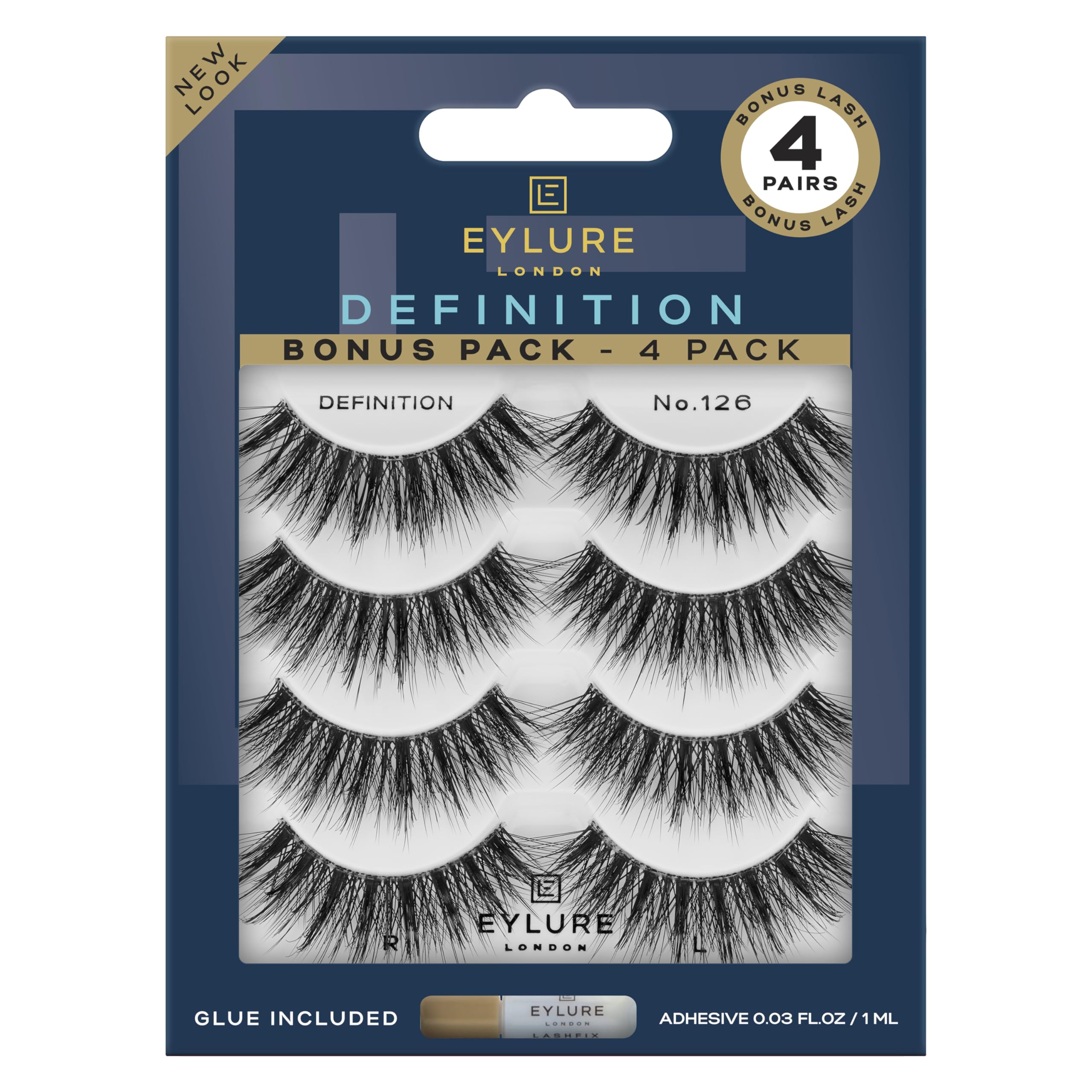 Eylure Dramatic Definition No. 126 lashes, four-pair pack for bold, defined eyes.