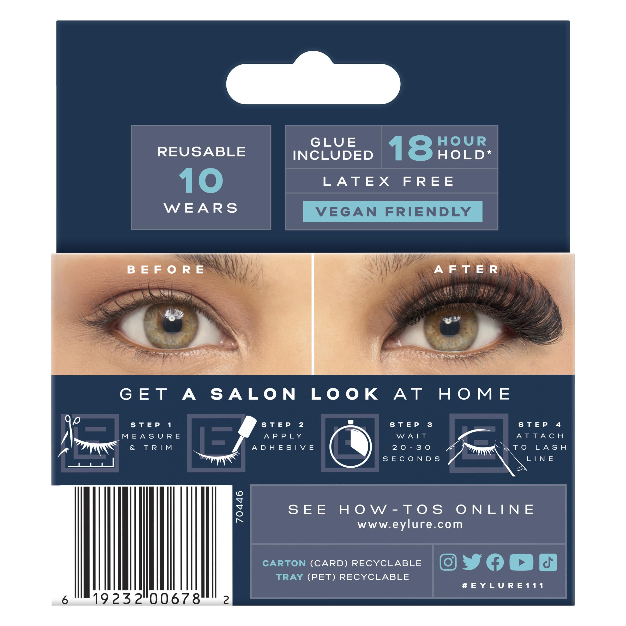 Eylure vegan, cruelty-free lashes with latex-free adhesive for worry-free wear.