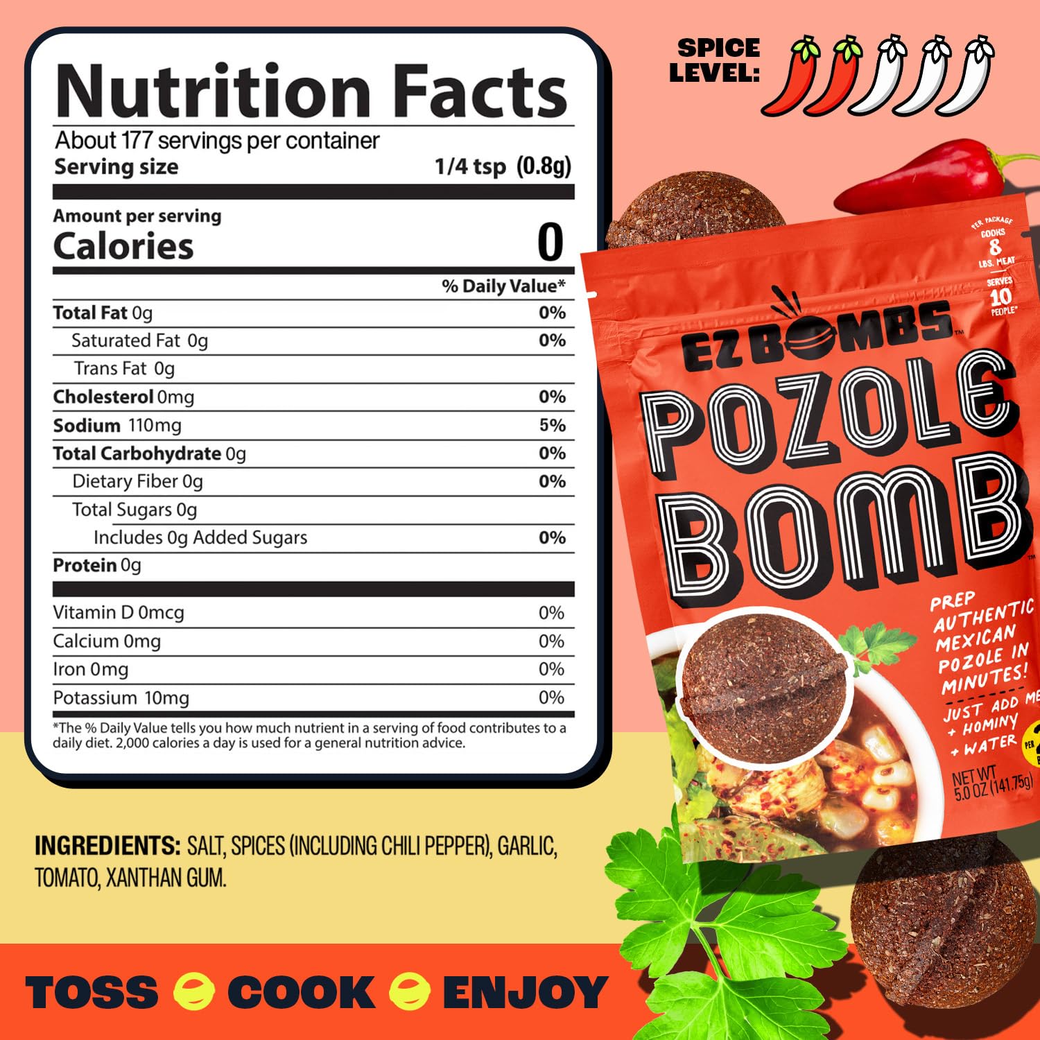 Close-up of real chiles, herbs and spices in EZ Bombs Pozole Bomb.