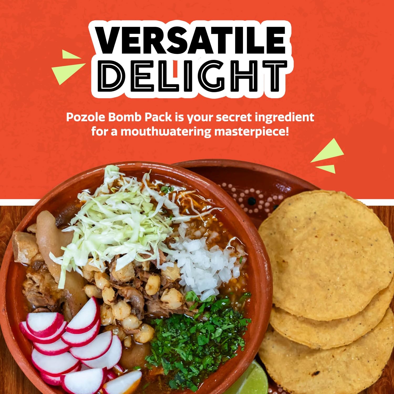 Toppings like cabbage, onions, and lime accompany EZ Bombs Pozole Bomb.