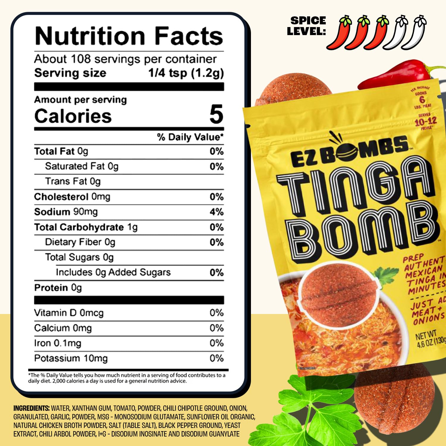 EZ Bombs Tinga Bomb jar closeup highlights smoky chipotle notes in each serving.
