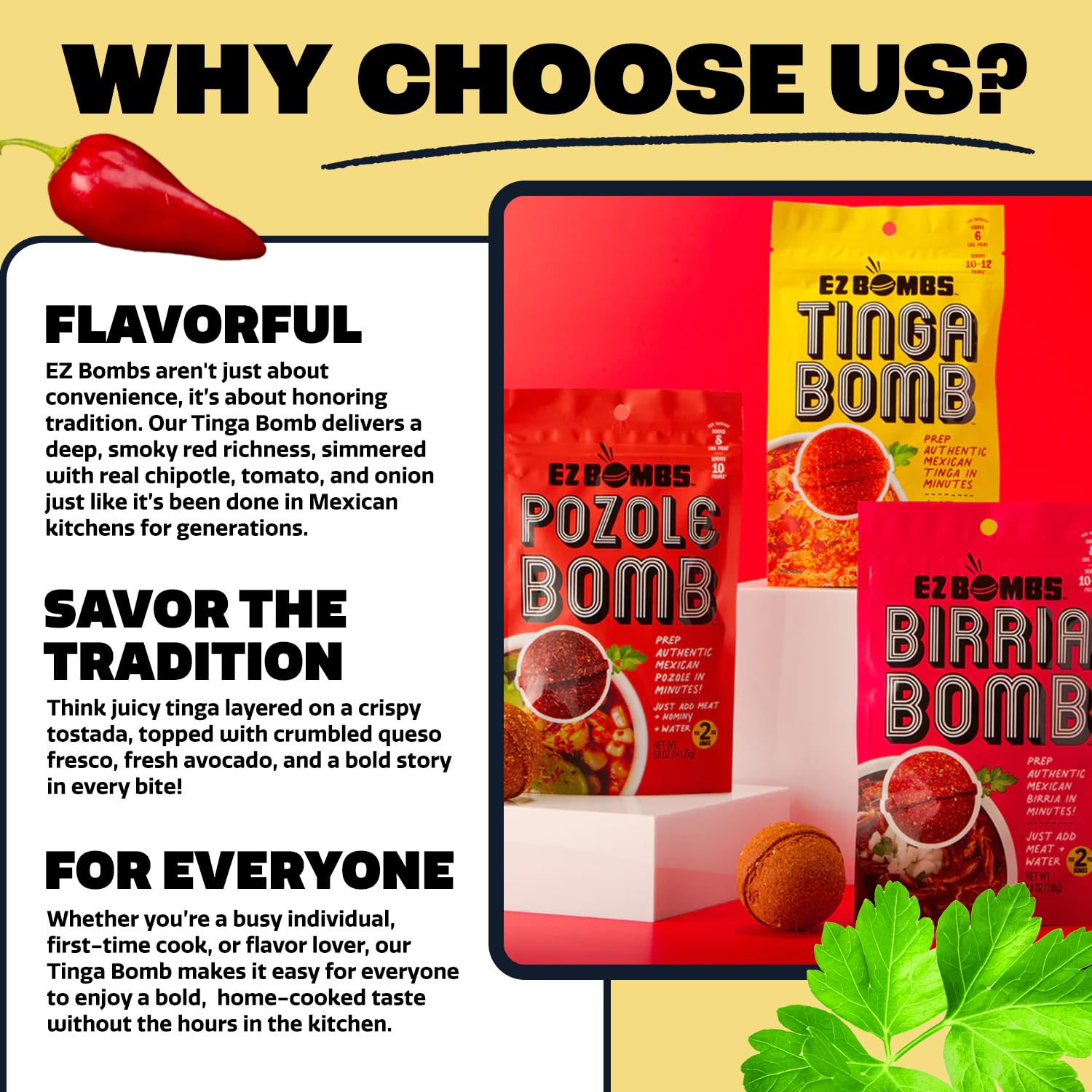 EZ Bombs Tinga Bomb on tostadas showcases authentic Mexican finish.