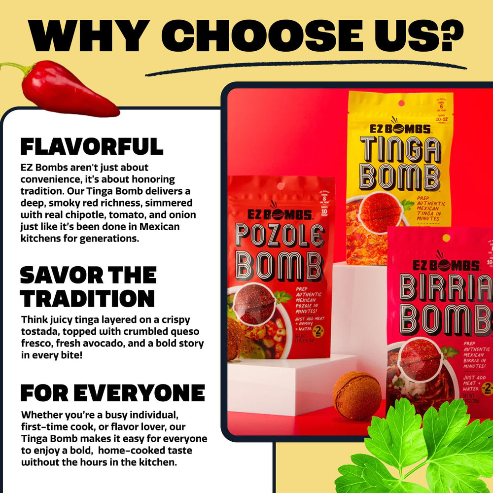 EZ Bombs Tinga Bomb on tostadas showcases authentic Mexican finish.