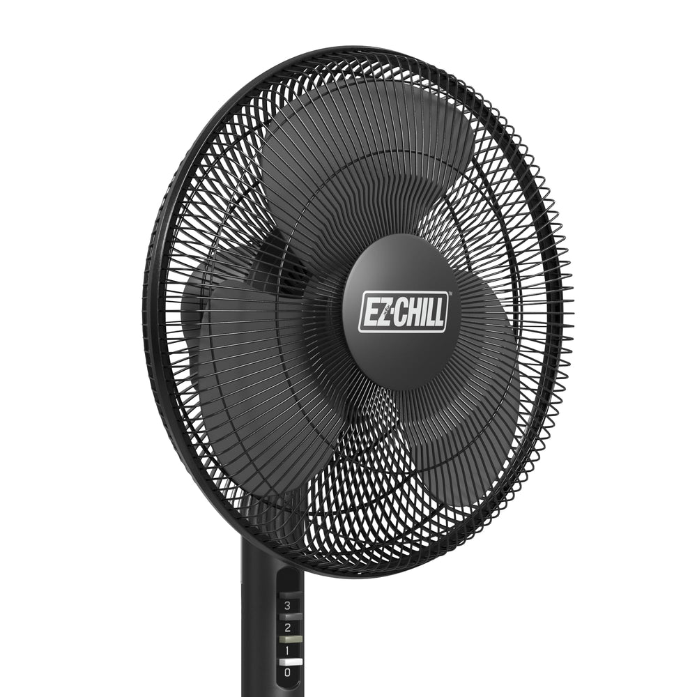 EZ-Chill 16-inch pedestal fan folding base for quick setup and storage.