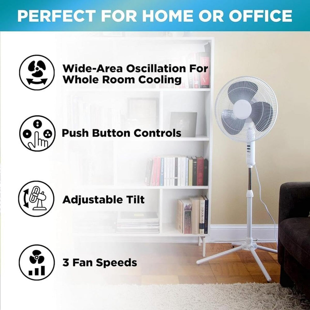EZ-Chill 16-inch pedestal fan safety grill protects fingers during operation.