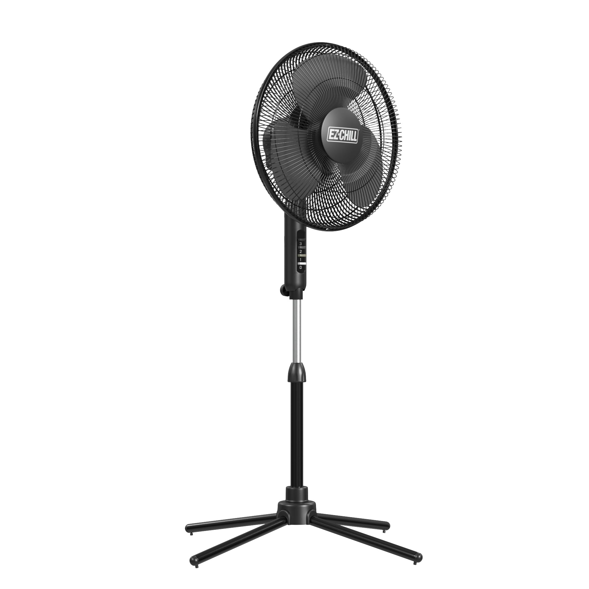 EZ-Chill 16-inch pedestal fan side view shows compact footprint for storage.
