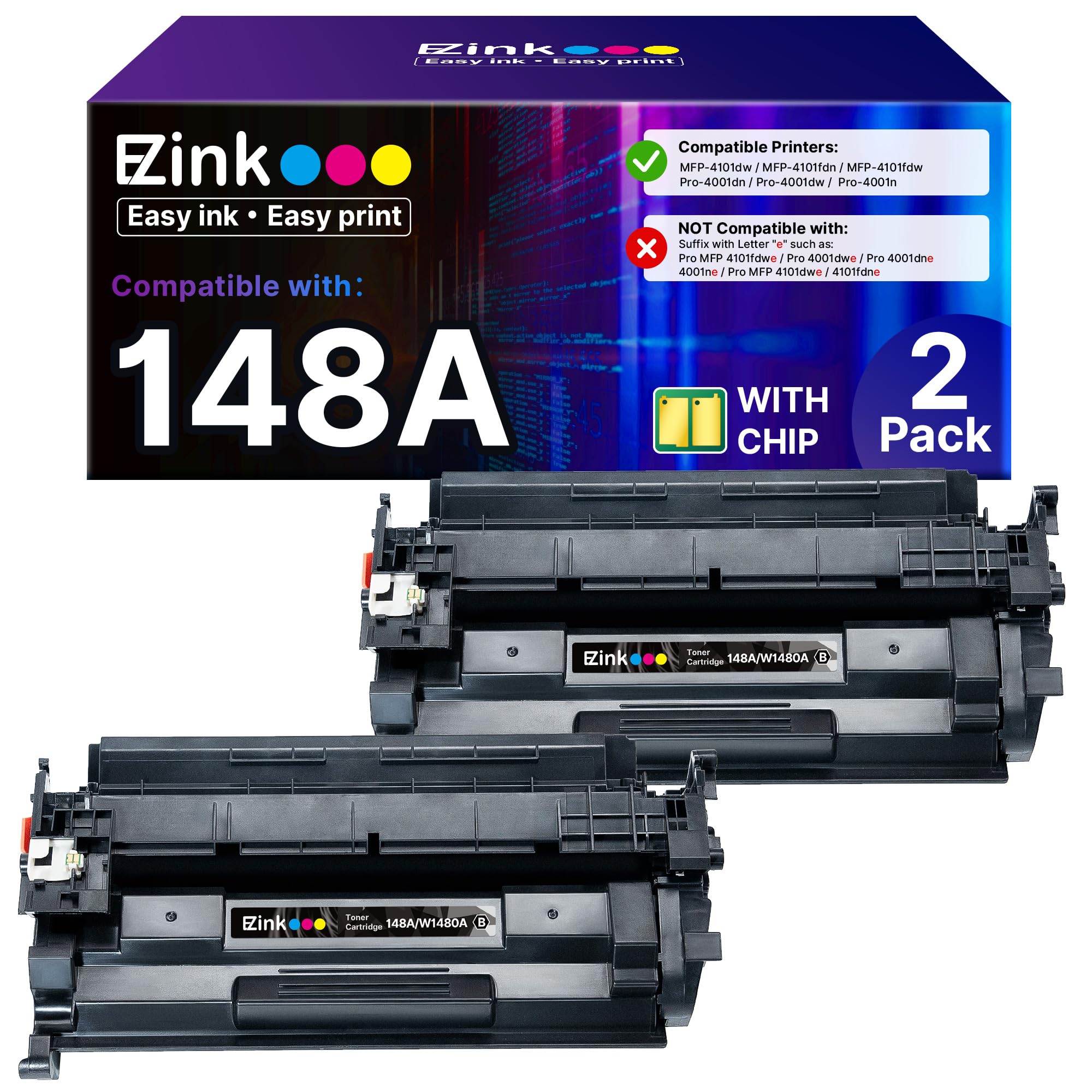 E-Z Ink 148A toner cartridge 2-pack front packaging for easy replacement
