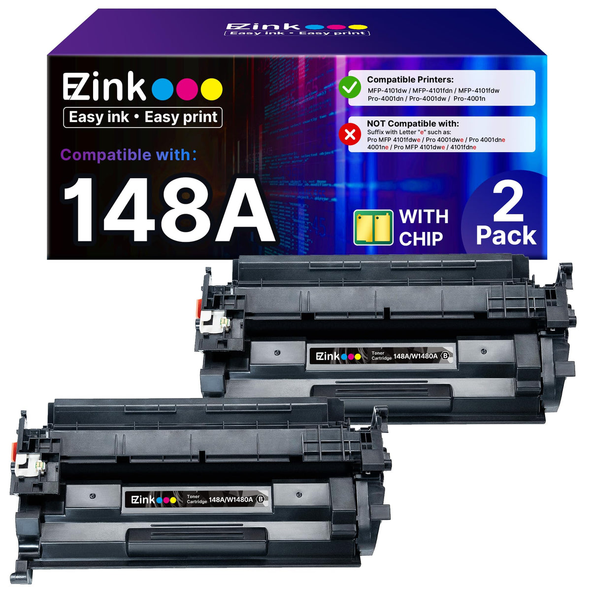 E-Z Ink 148A toner cartridge 2-pack front packaging for easy replacement