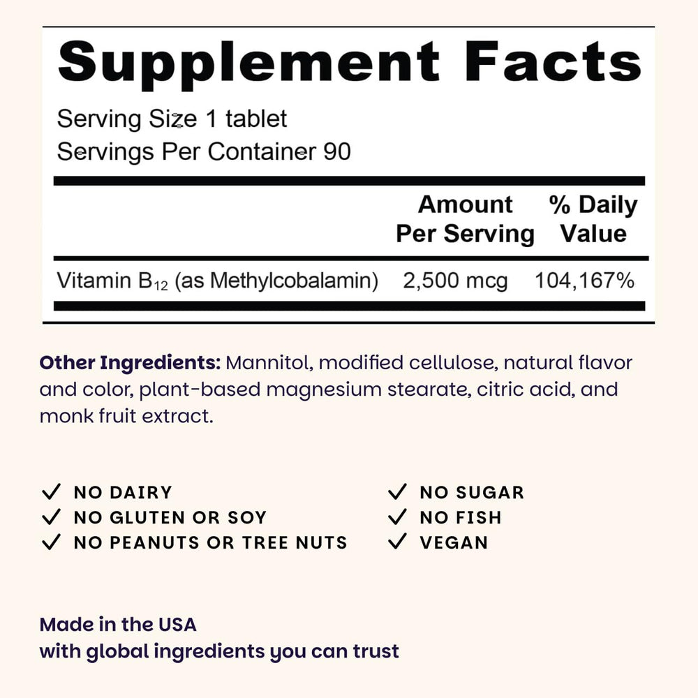 EZ Melts B12 bottle front label highlights vegan and gluten-free features.