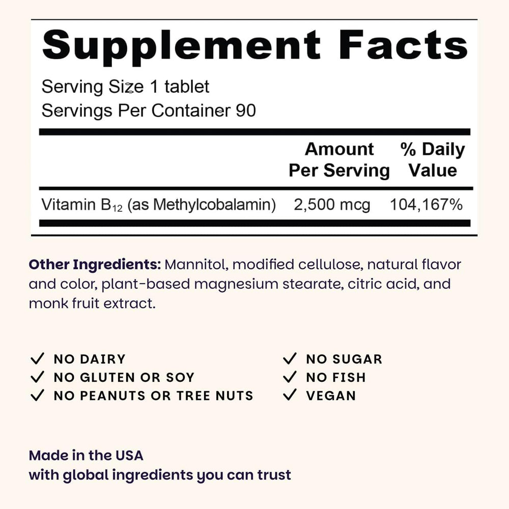 EZ Melts B12 bottle front view showing vegan, gluten-free formula.