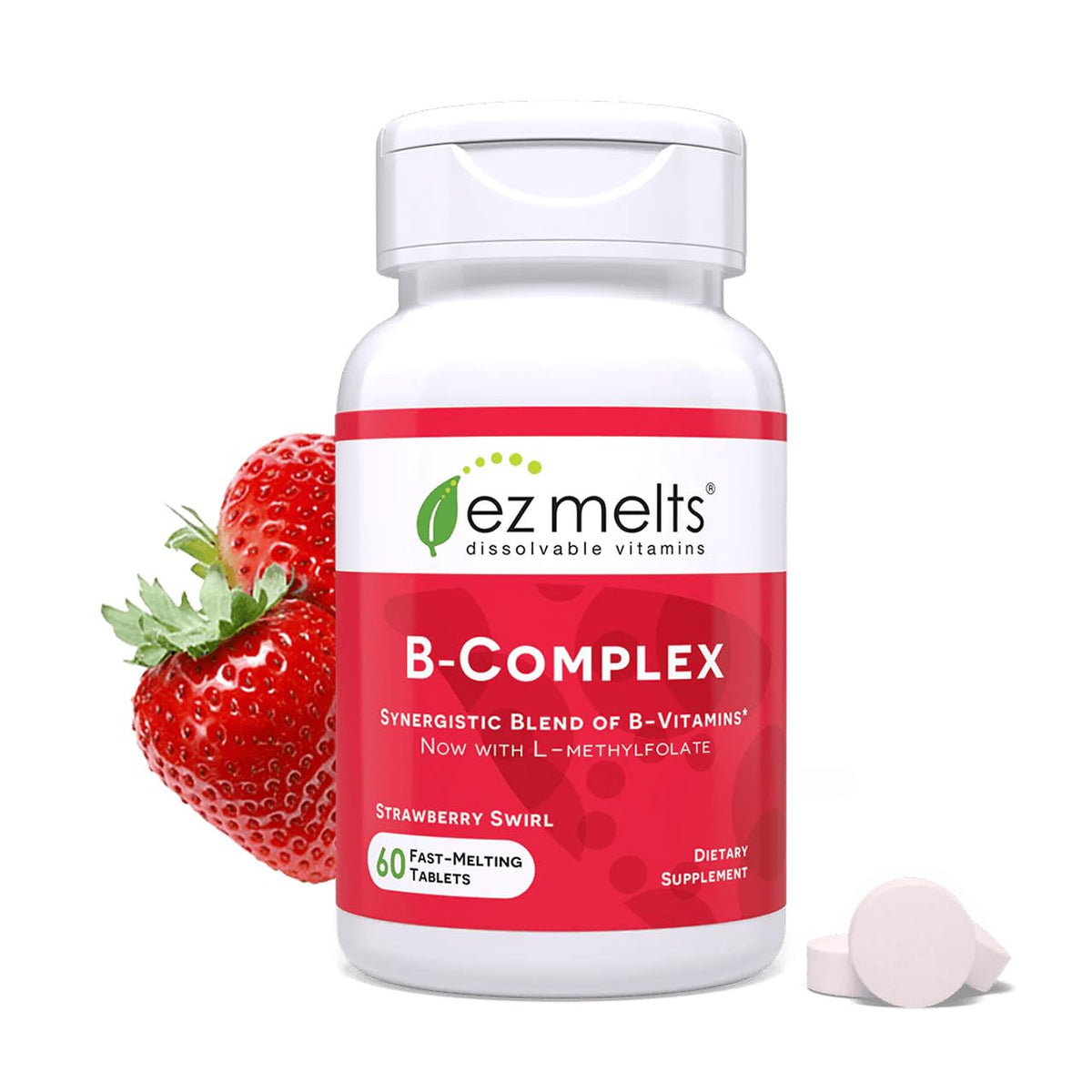 EZ Melts Dissolvable B-Complex bottle with strawberry swirl for daily energy