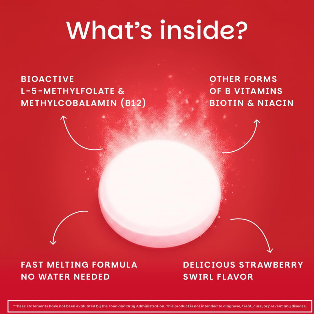 EZ Melts B-Complex tablets close-up highlighting methylcobalamin