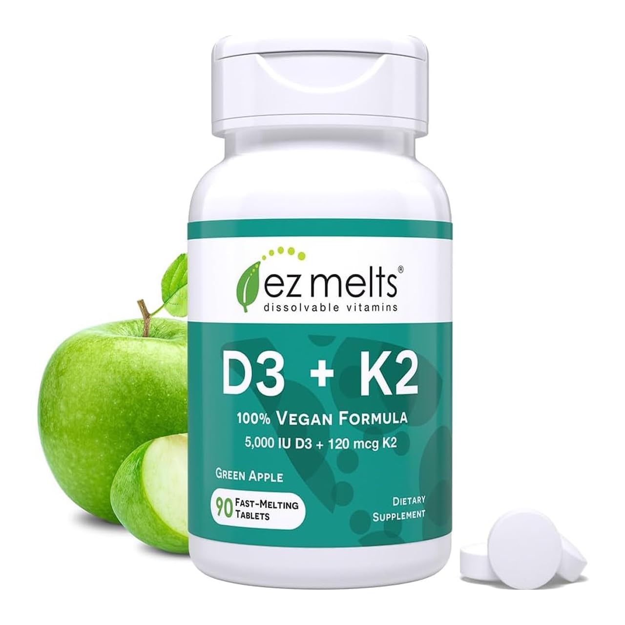 EZ Melts dissolvable D3+K2 green apple bottle supports easy daily intake