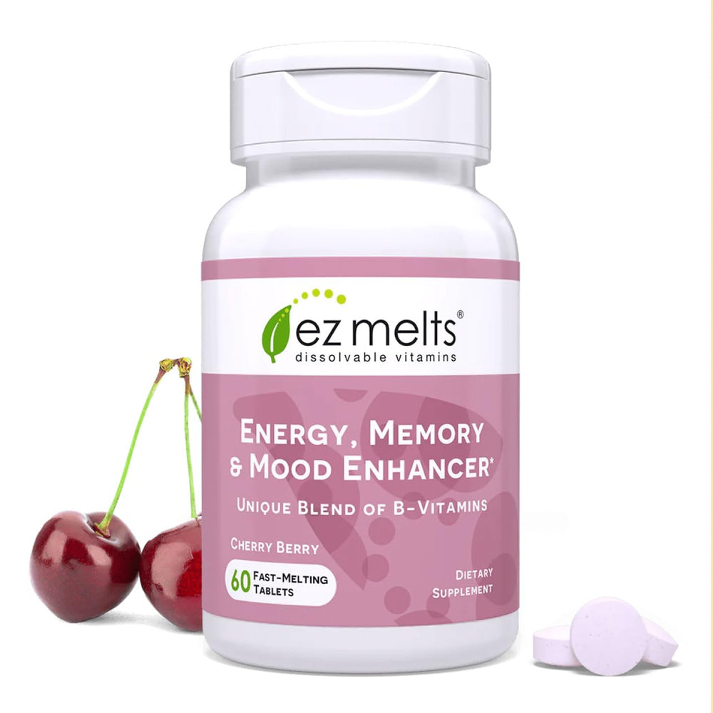 EZ Melts Energy Memory Mood Cherry Berry bottle showing quick-dissolve tablets for daily use