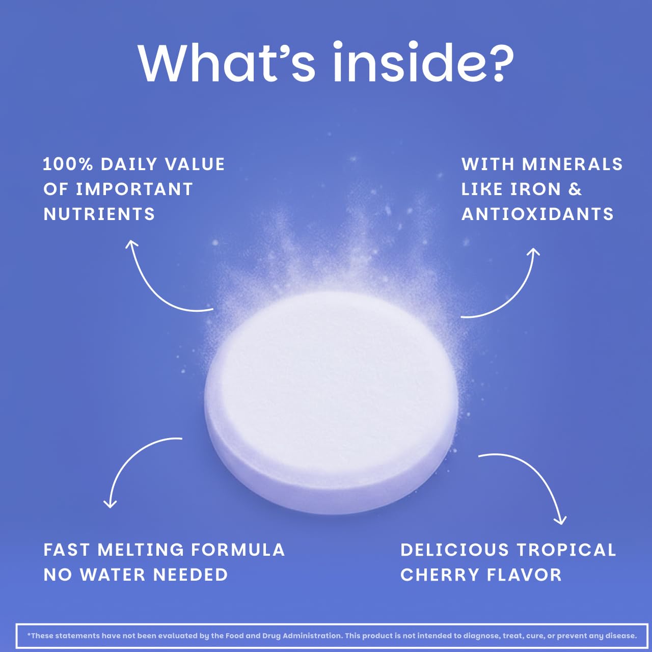 EZ Melts Multivitamin + Iron bottle front shows 60 tablets for a month.