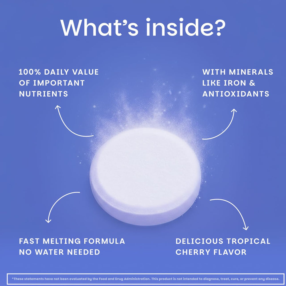 EZ Melts Multivitamin + Iron bottle front shows 60 tablets for a month.