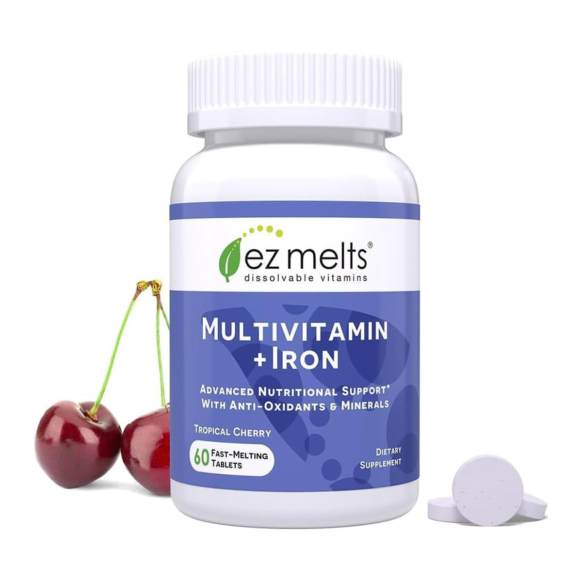 EZ Melts Multivitamin + Iron dissolving tablet ready for quick daily intake.