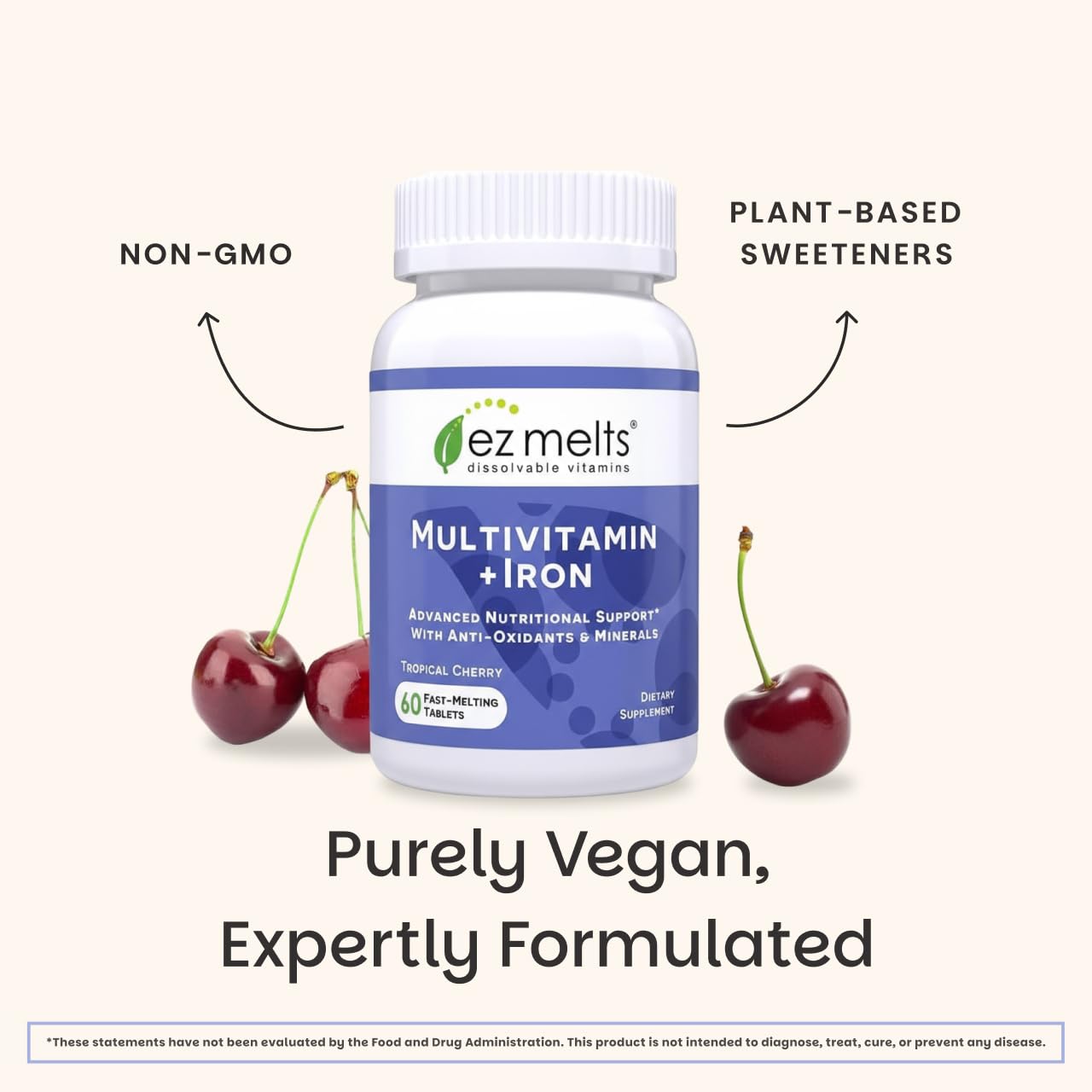 EZ Melts Multivitamin + Iron non-GMO verified badge signals clean ingredients.