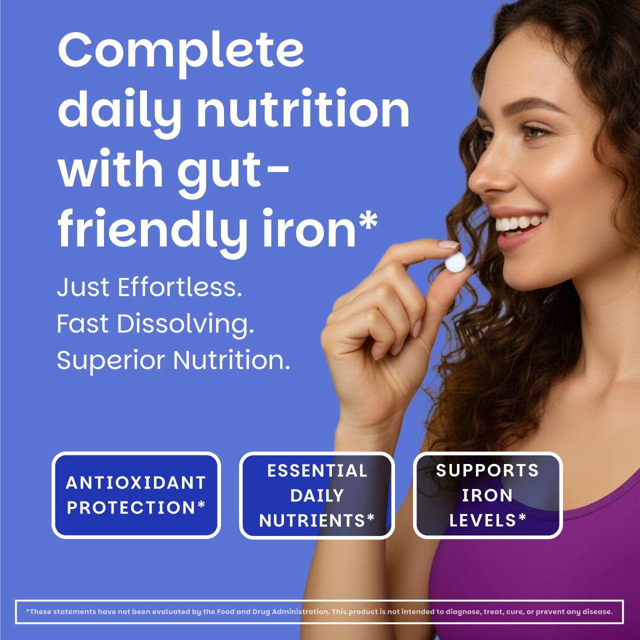 EZ Melts Multivitamin + Iron vegan label highlights plant-based, non-GMO nutrition.