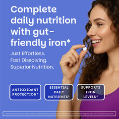 EZ Melts Multivitamin + Iron vegan label highlights plant-based, non-GMO nutrition.