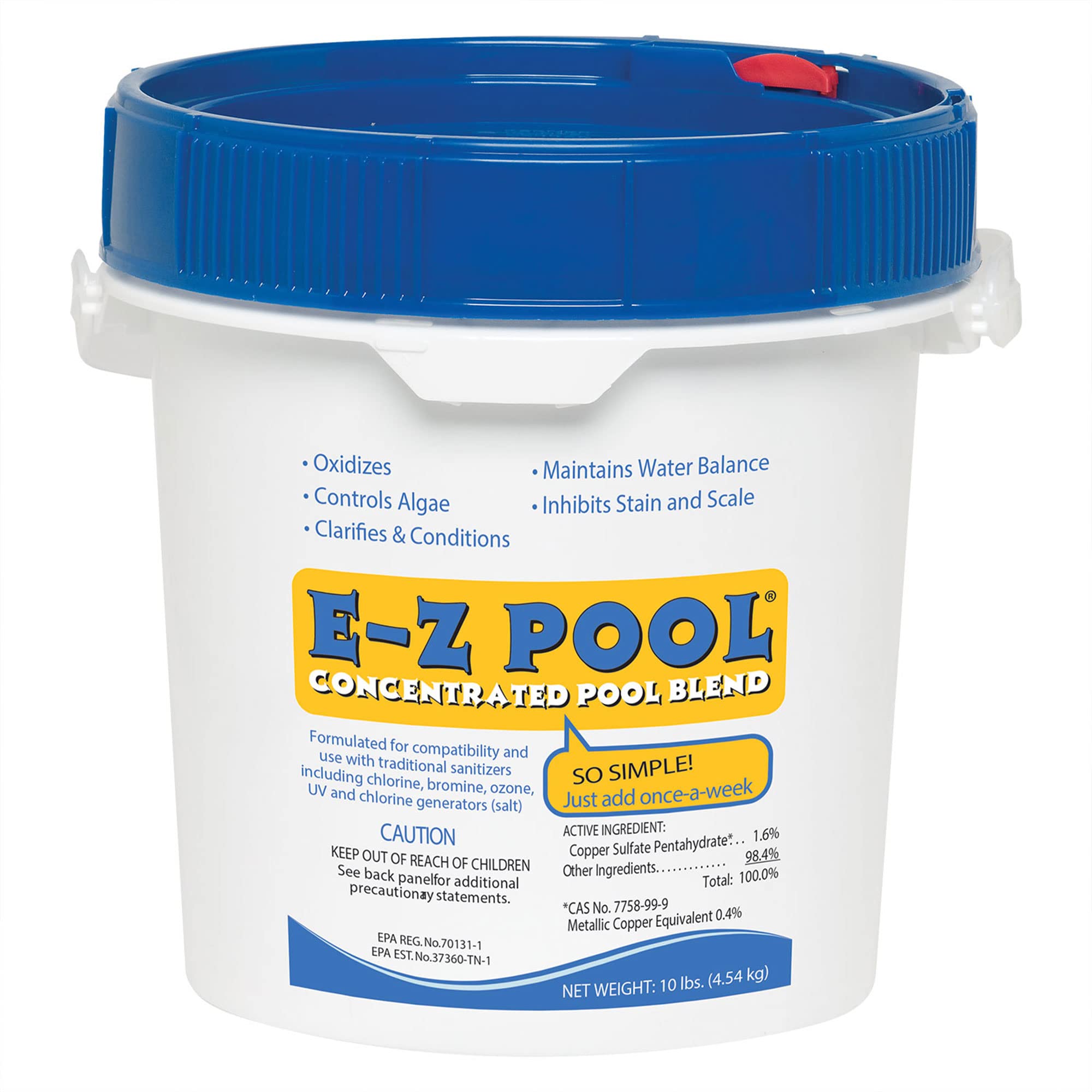 E-Z Pool weekly all-in-1 bucket for outdoor pools keeps water clear and balanced.