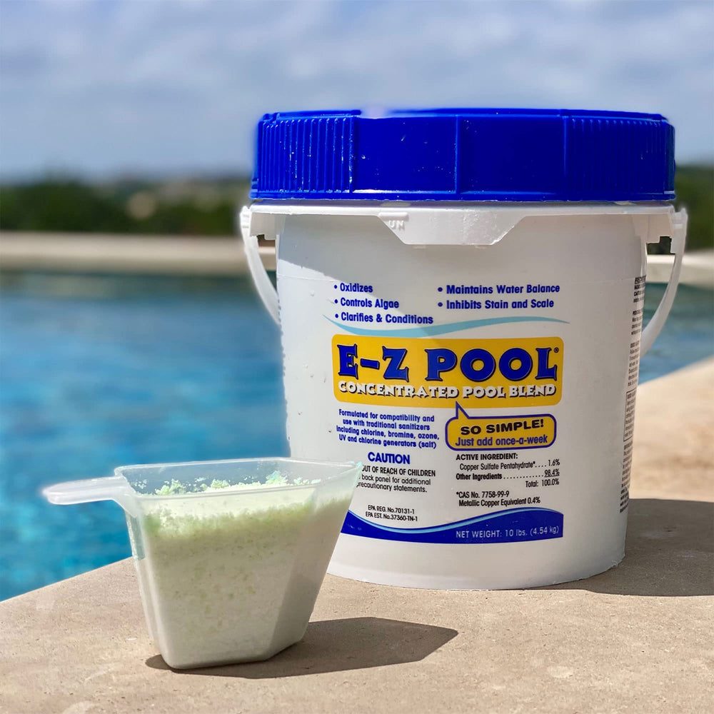 E-Z Pool bottle pour demonstrates easy weekly dosing for preventive pool care.