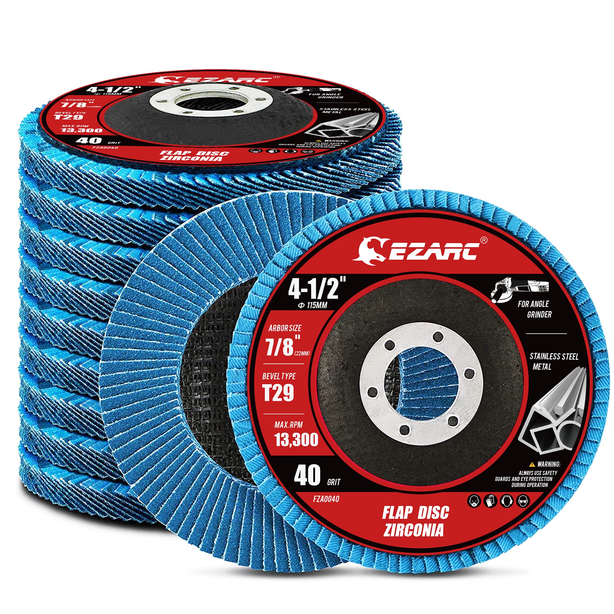 EZARC flap disc 40 grit front view, durable zirconia for rapid stock removal on metal.