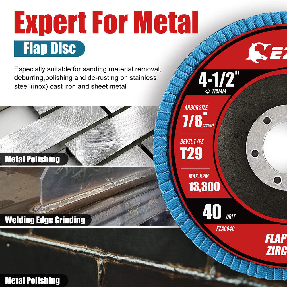 EZARC flap disc 40 grit grinding on stainless steel surfaces.