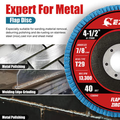 EZARC flap disc 40 grit grinding on stainless steel surfaces.