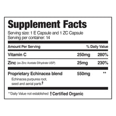 EZC Pak capsules closeup showing high-dose echinacea, zinc, and vitamin C for immune support.