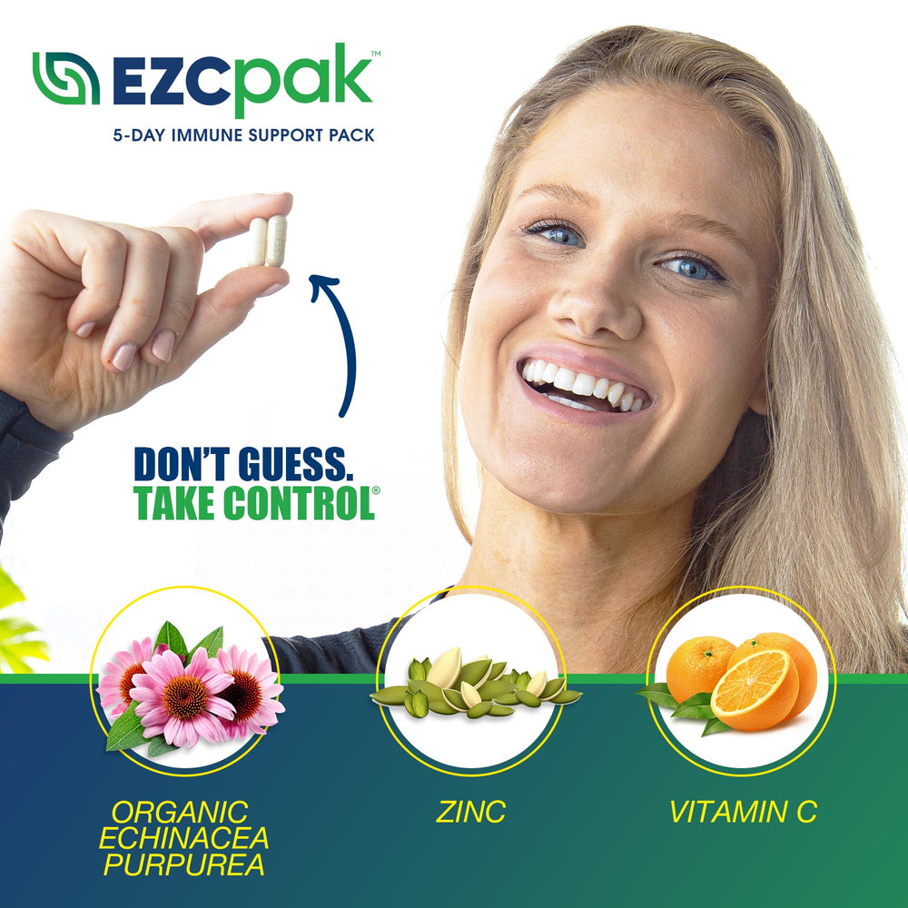 EZC Pak ingredients zinc and vitamin C highlighted for essential nutrients.