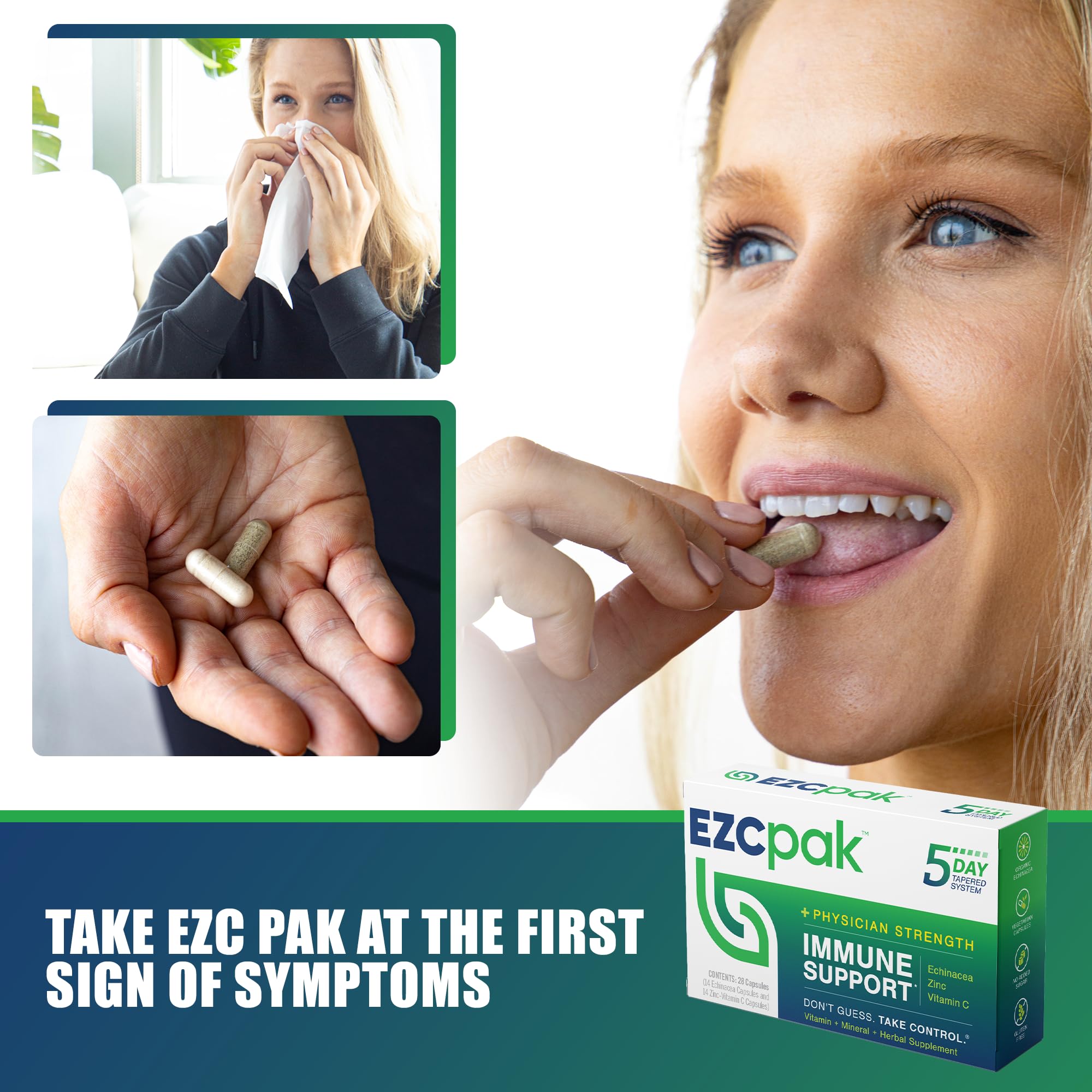 EZC Pak badge highlighting vegetarian and gluten-free formula for clean immune support.