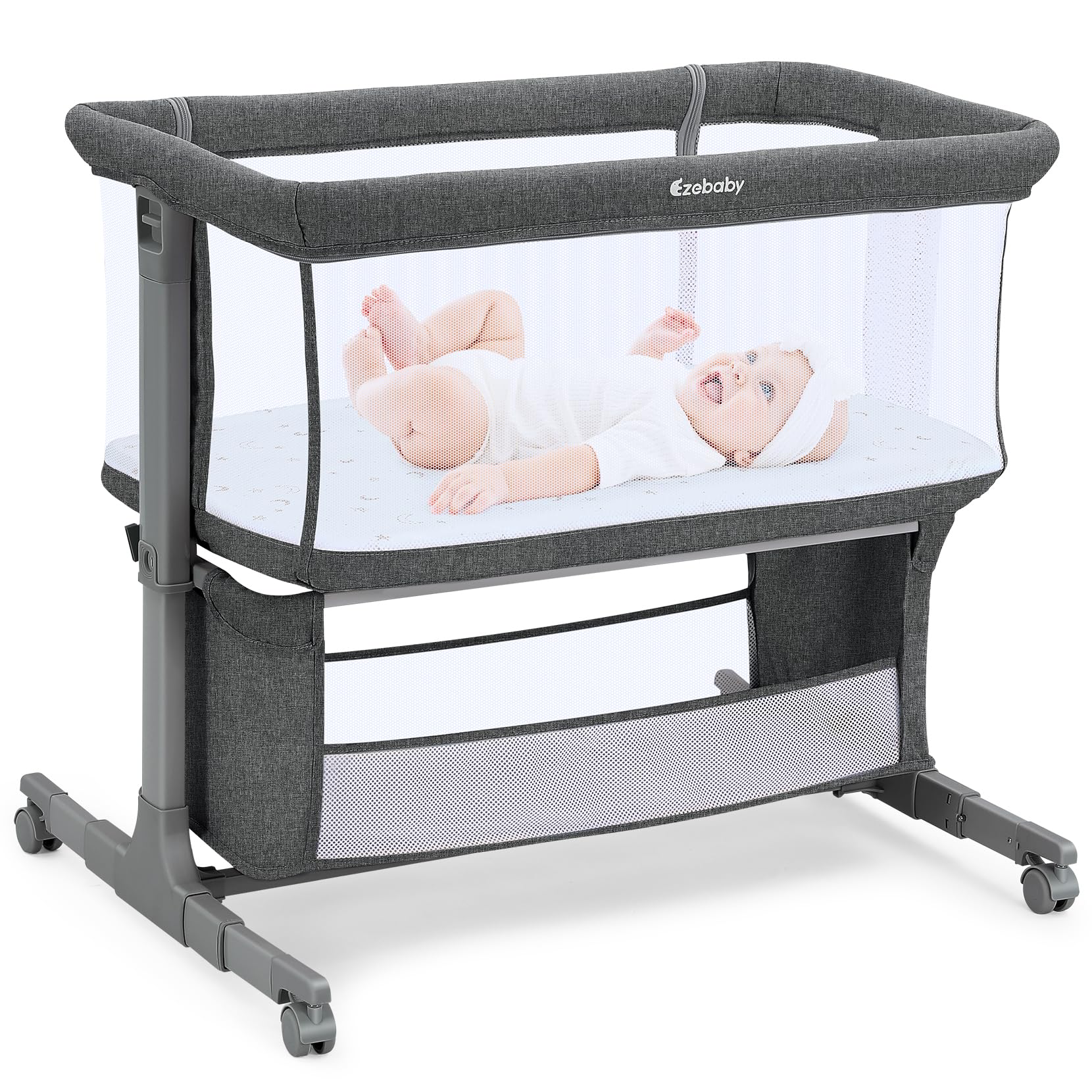 Ezebaby bedside bassinet aligned to adult bed for safe night-time access.
