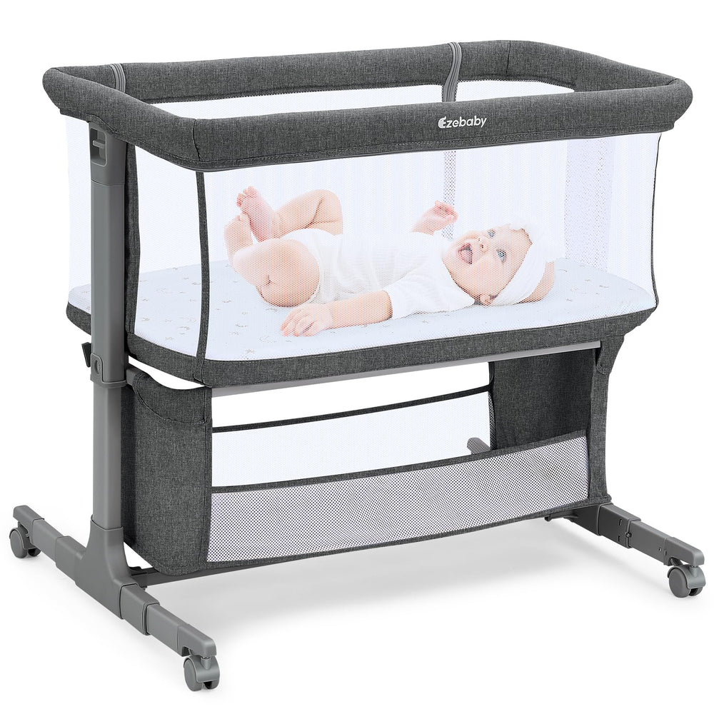 Ezebaby bedside bassinet aligned to adult bed for safe night-time access.