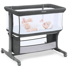 Ezebaby bedside bassinet aligned to adult bed for safe night-time access.