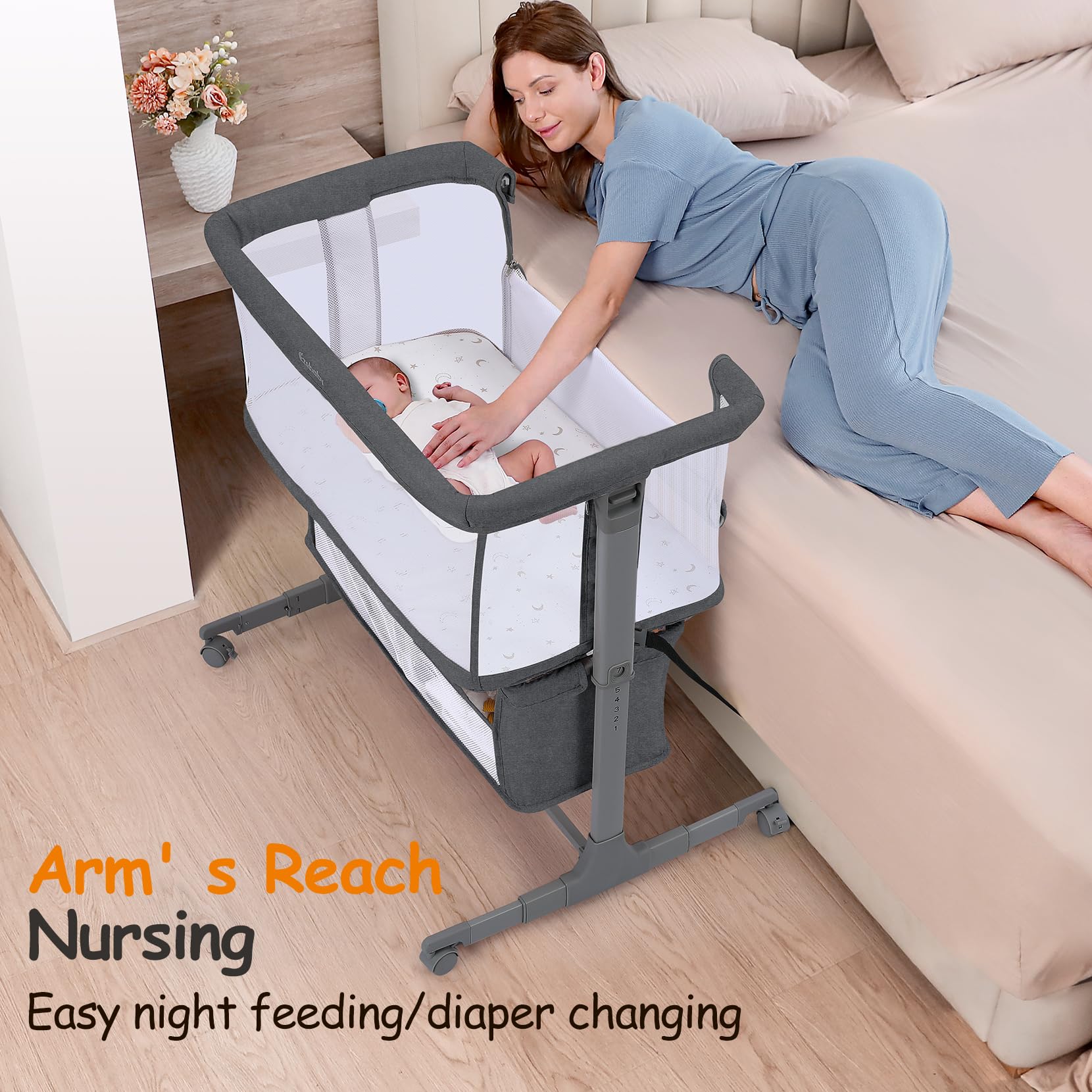 Ezebaby bedside bassinet storage basket keeps baby essentials within easy reach.