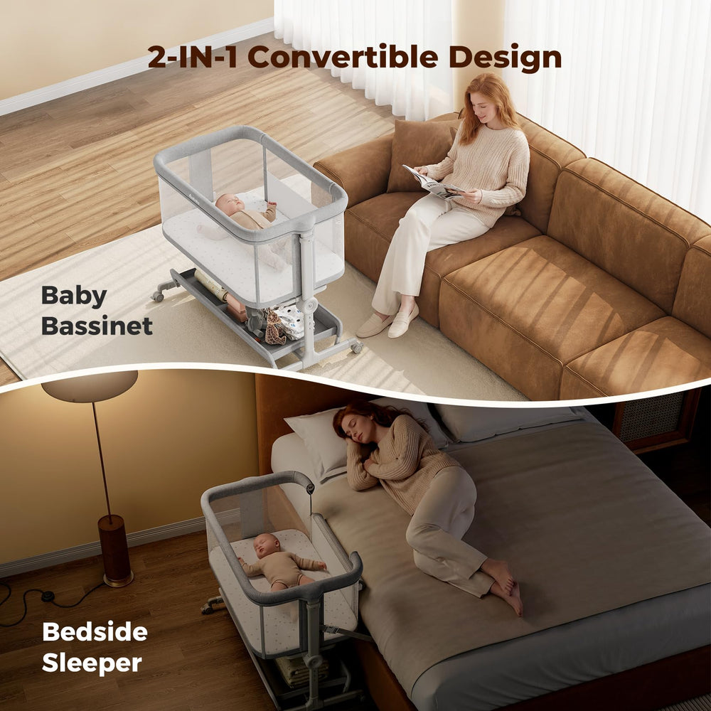 Ezebaby bedside sleeper adjusted to seven heights for bed alignment