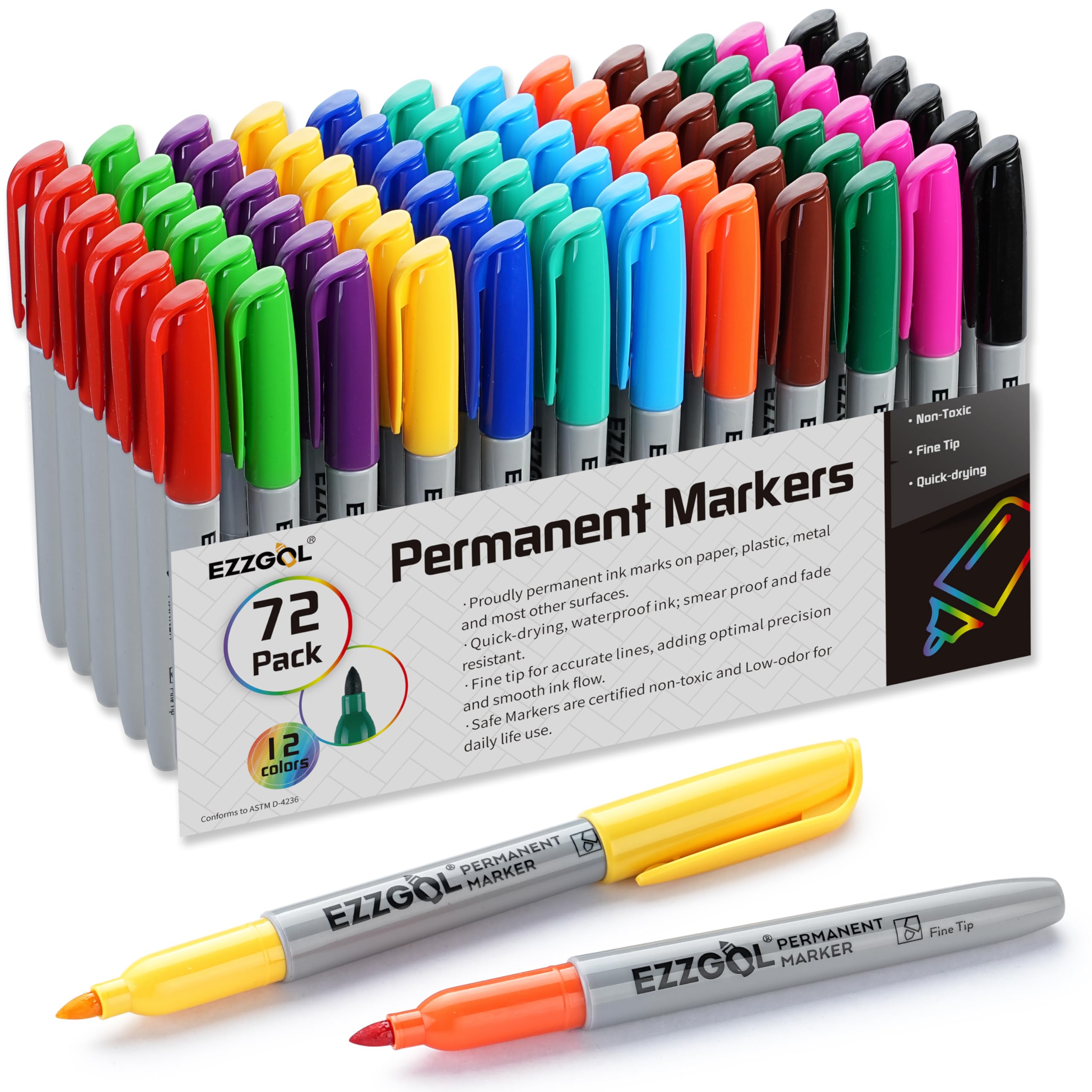 Ezzgol 72-pack permanent markers with 12 colors for vibrant multi-surface writing
